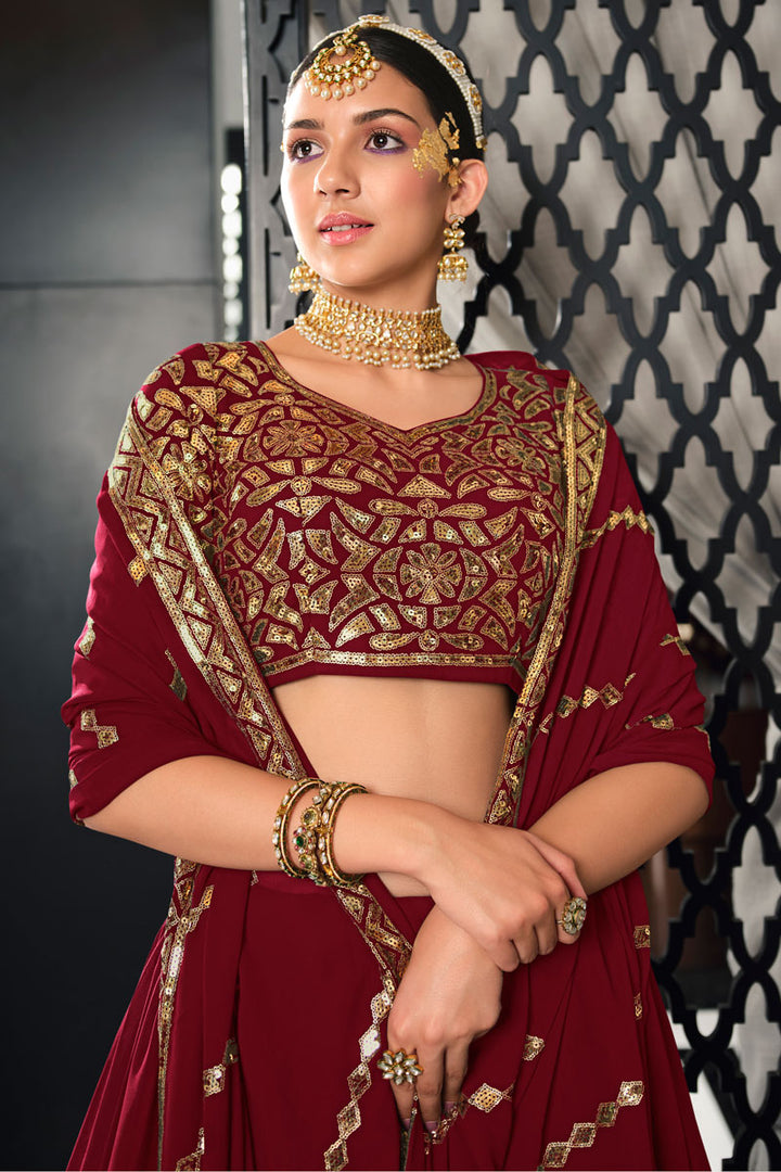 Engaging Maroon Color Georgette Fabric Lehenga With Sequins Work