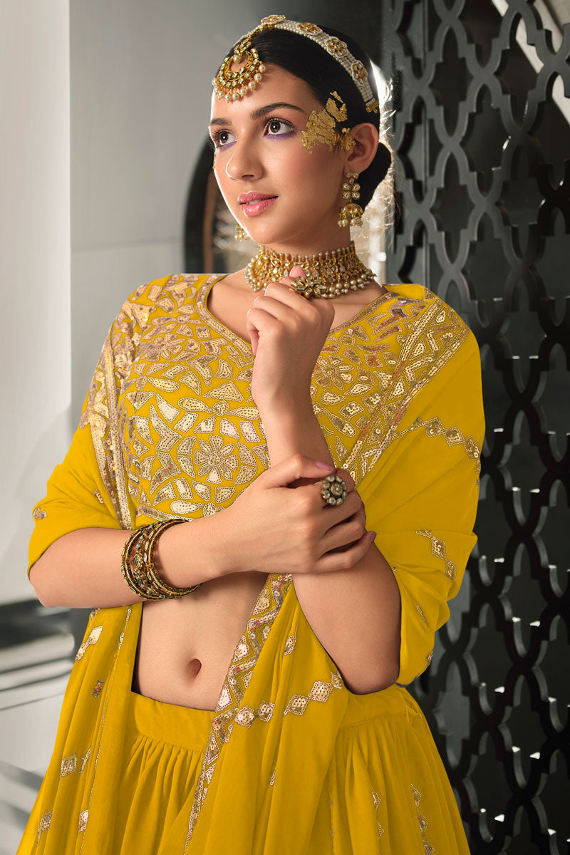 Classic Sequins Designs On Yellow Color Lehenga In Georgette Fabric