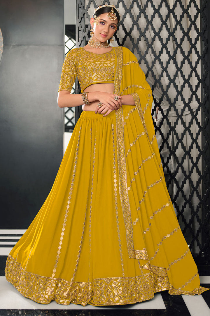 Classic Sequins Designs On Yellow Color Lehenga In Georgette Fabric