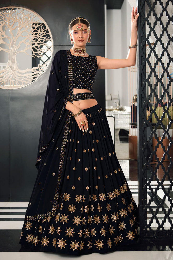 Creative Sequins Work On Lehenga In Navy Blue Color Georgette Fabric
