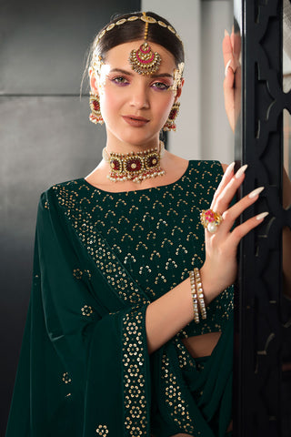 Incredible Sequins Work On Georgette Fabric Dark Green Color Lehenga