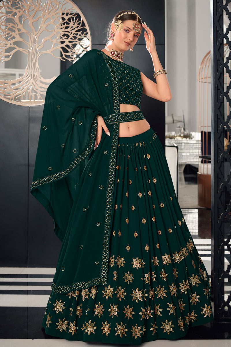 Incredible Sequins Work On Georgette Fabric Dark Green Color Lehenga