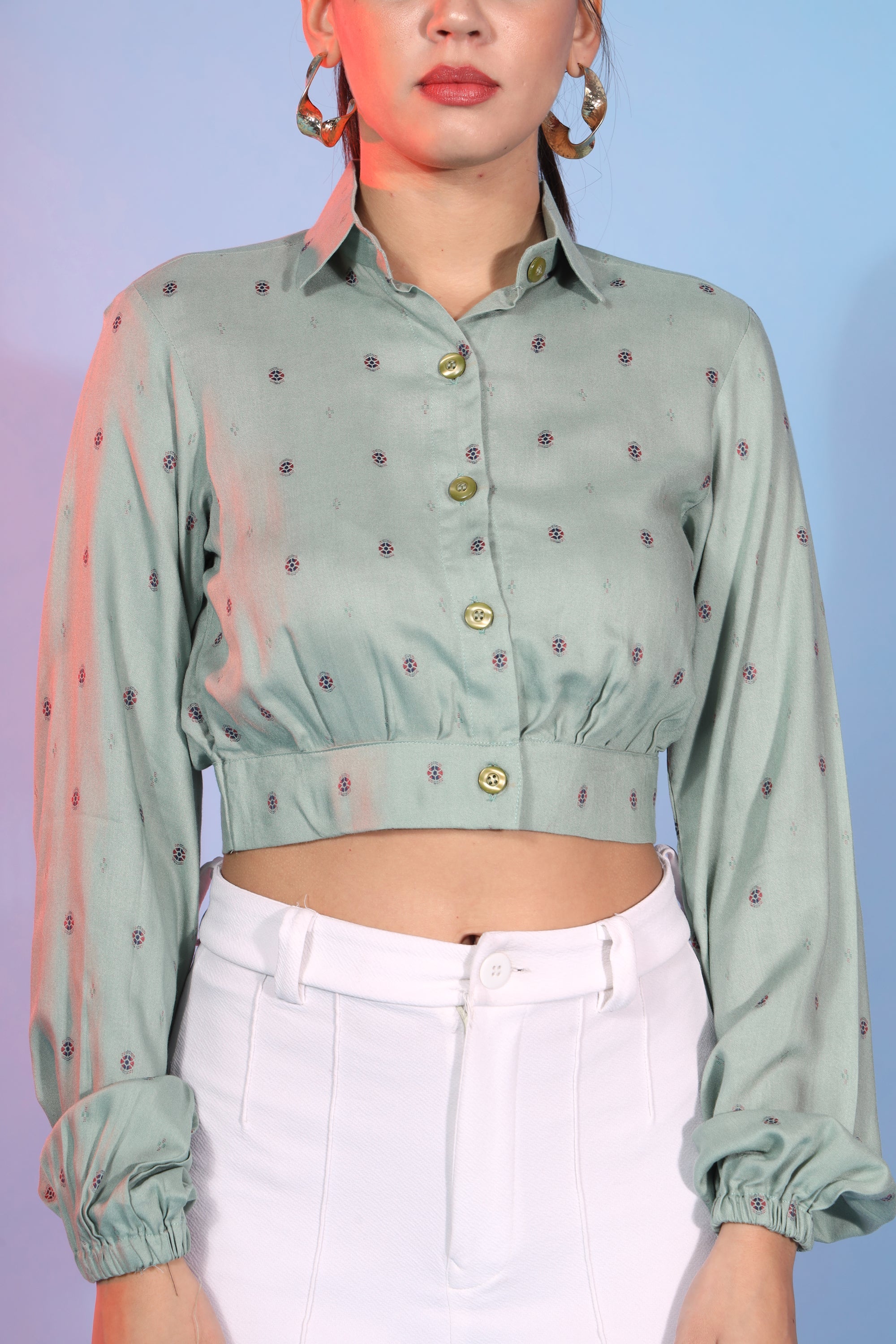 Rayon Fabric Self Design Readymade Top In Sea Green Color