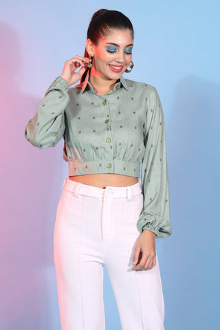 Rayon Fabric Self Design Readymade Top In Sea Green Color