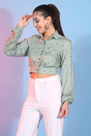 Rayon Fabric Self Design Readymade Top In Sea Green Color