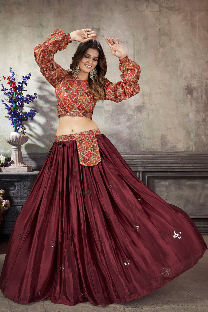 Exclusive Maroon Color Art Silk Fabric Special Top With Skirt
