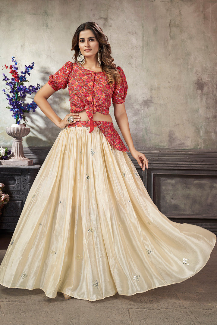 Exclusive Art Silk Fabric Off White Color Pleasance Top With Skirt