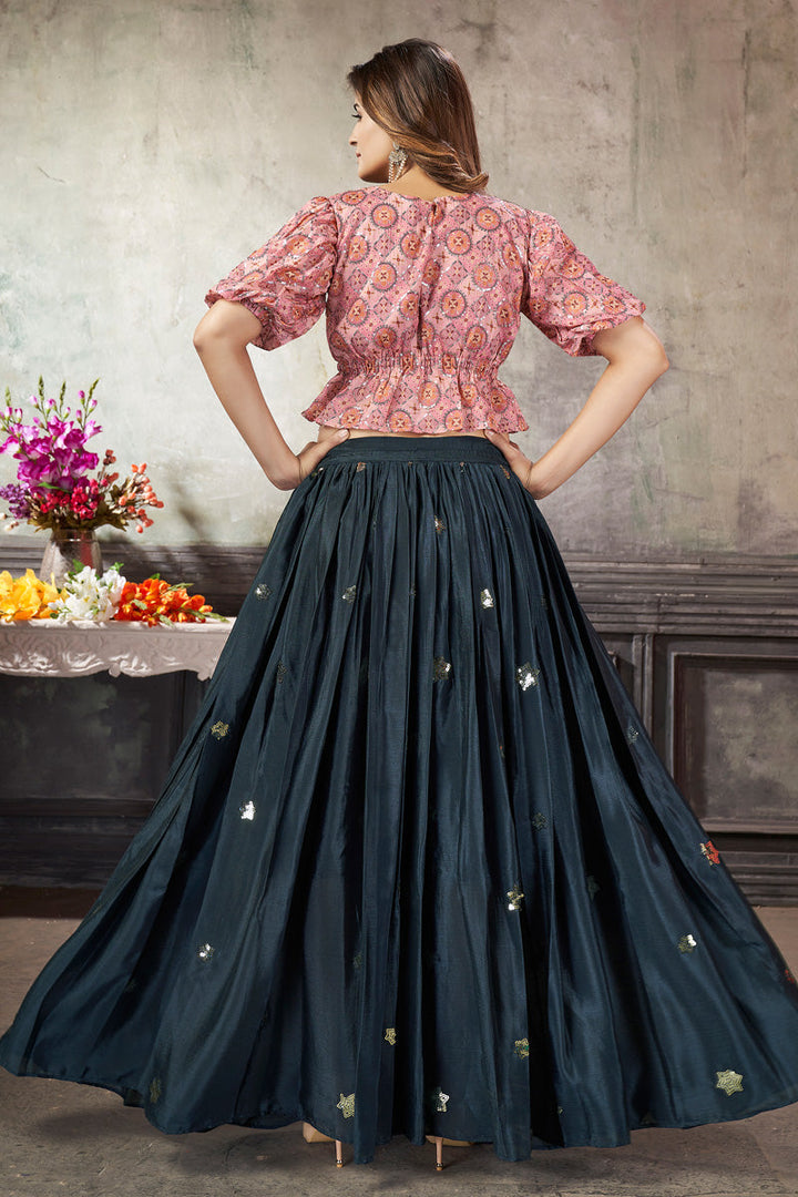 Exclusive Art Silk Fabric Bewitching Top With Skirt In Navy Blue Color