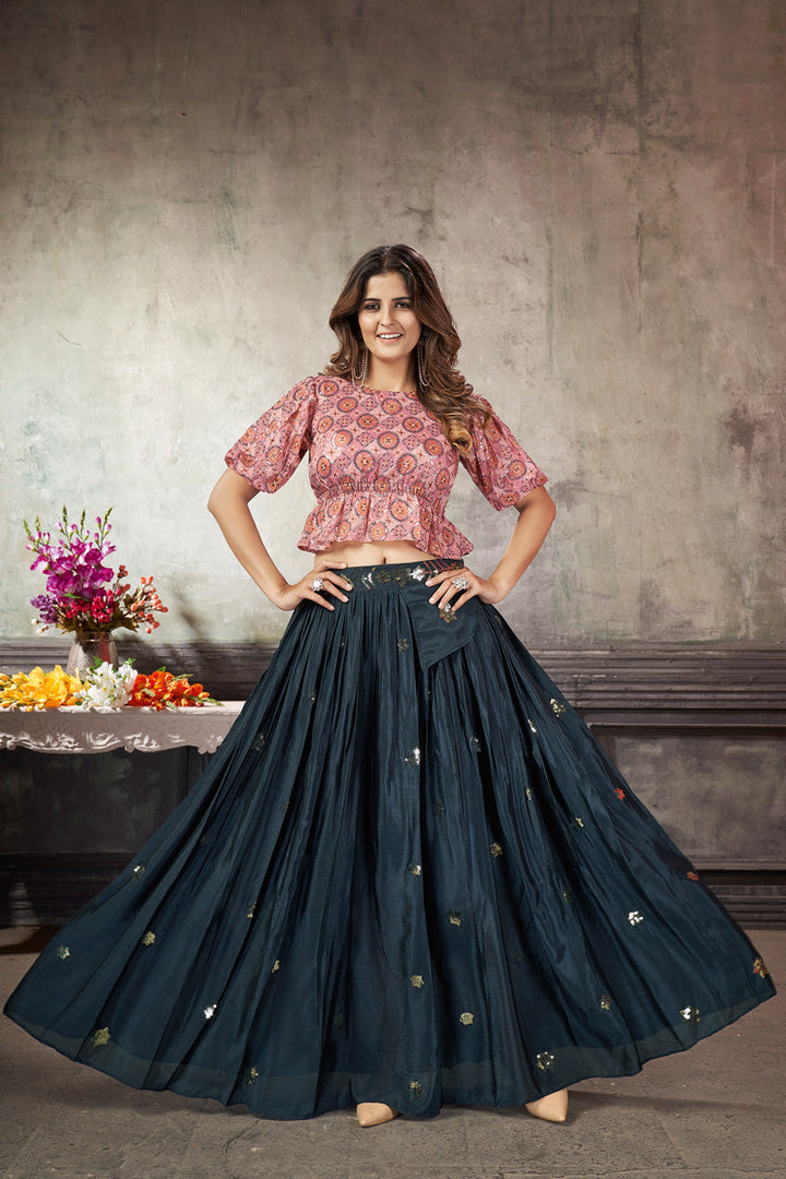 Exclusive Art Silk Fabric Bewitching Top With Skirt In Navy Blue Color