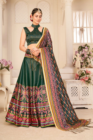 Beautiful Digital Printed Work Sangeet Wear Dark Green Color Lehenga In Art Silk Fabric