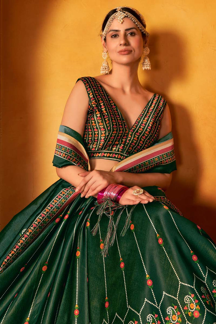 Sangeet Wear Art Silk Fabric Green Color Digital Printed Work Splendid Lehenga