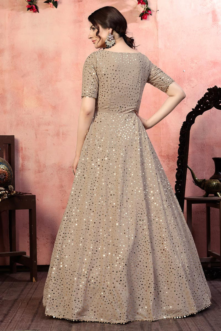 Fancy Georgette Fabric Party Wear Sequins Work Cream Color Gown
