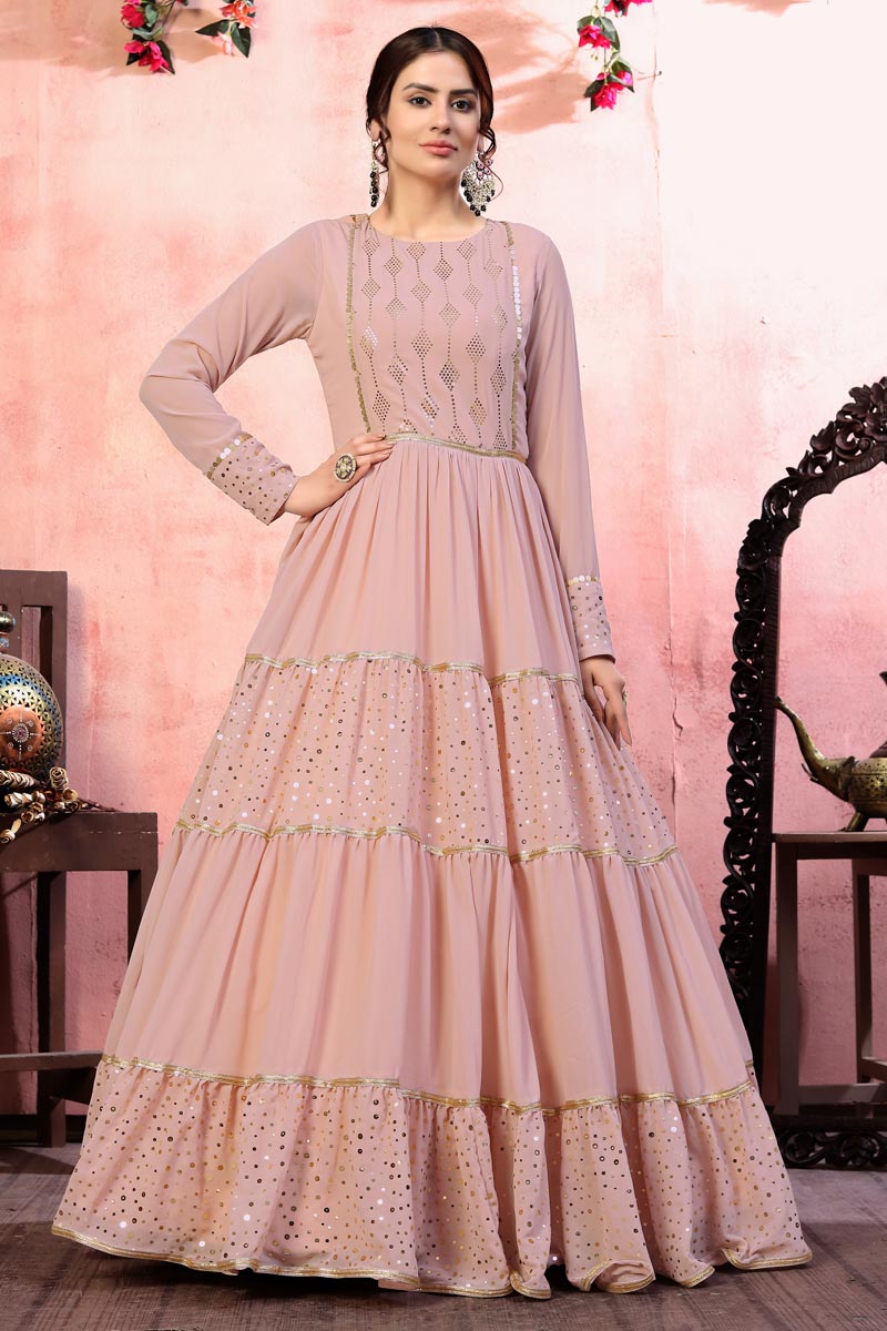 Georgette Fabric Party Wear Fancy Pink Color Sequins Work Gown