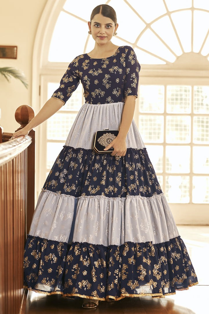 Georgette Fabric Foil Printed Work Multi Color Anarkali Style Gown