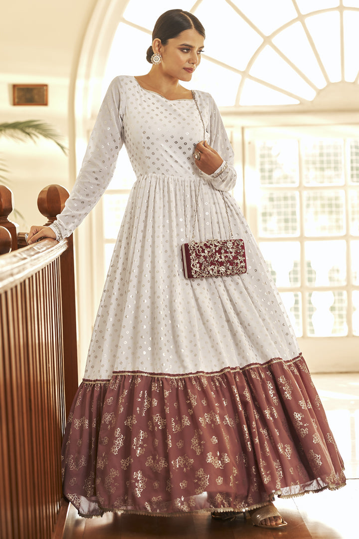 Georgette Fabric Party Wear Multi Color Anarkali Style Gown In Foil Printed Work