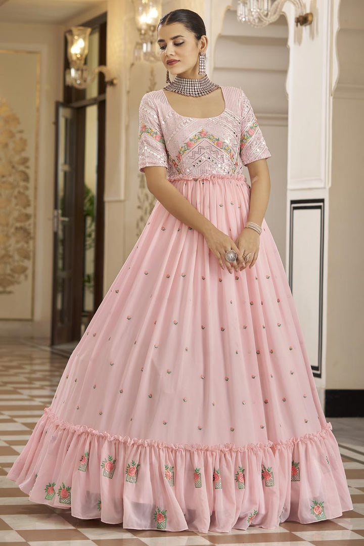 Attractive Georgette Fabric Pink Color Party Style Gown