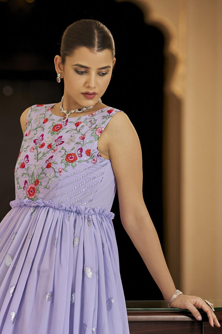 Georgette Fabric Lavender Color Party Wear Pleasance Gown