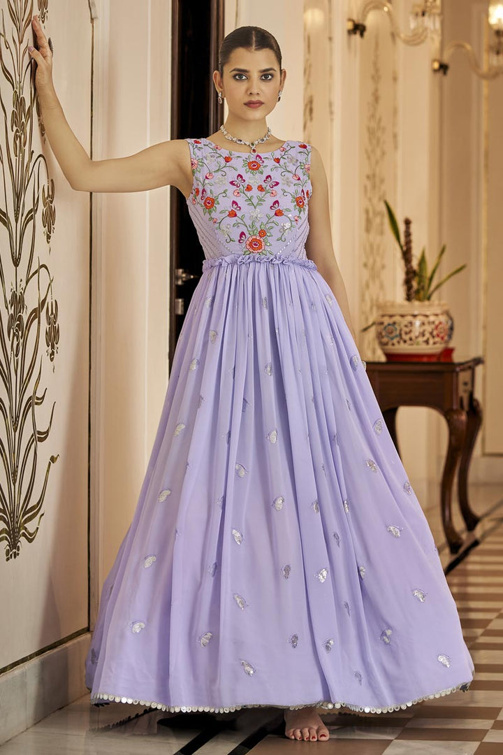Georgette Fabric Lavender Color Party Wear Pleasance Gown