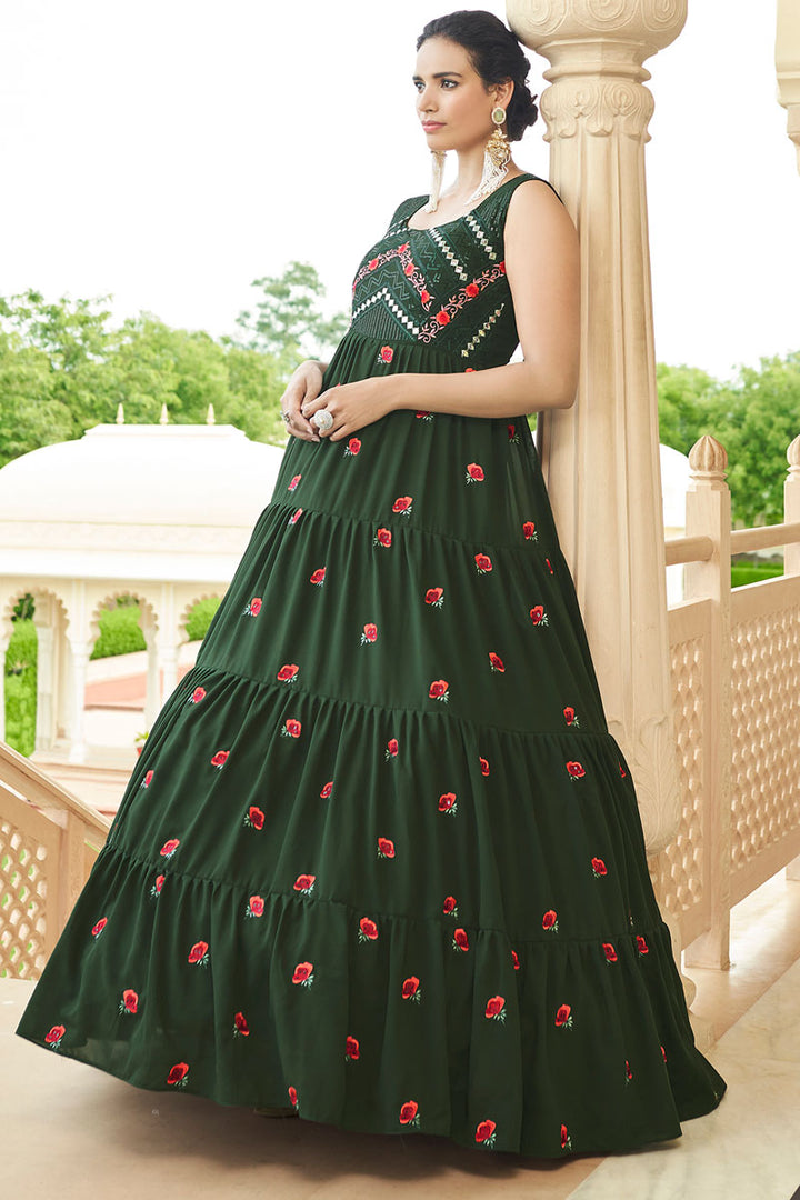 Radiant Dark Green Color Georgette Fabric Embroidered Readymade Gown