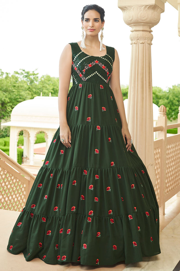 Radiant Dark Green Color Georgette Fabric Embroidered Readymade Gown