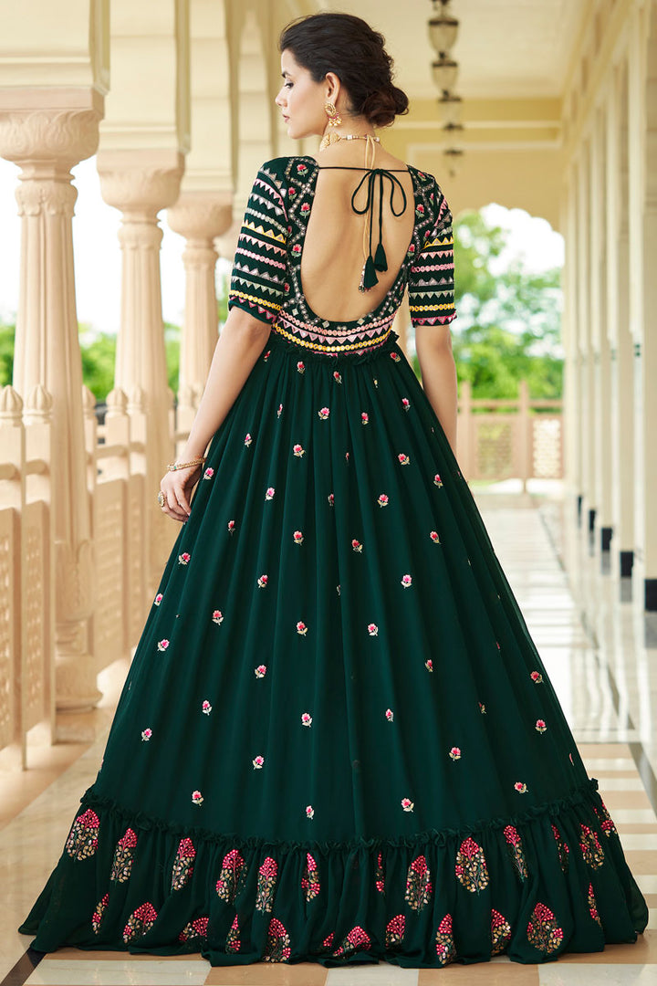 Teal Color Georgette Fabric Attractive Embroidered Readymade Gown