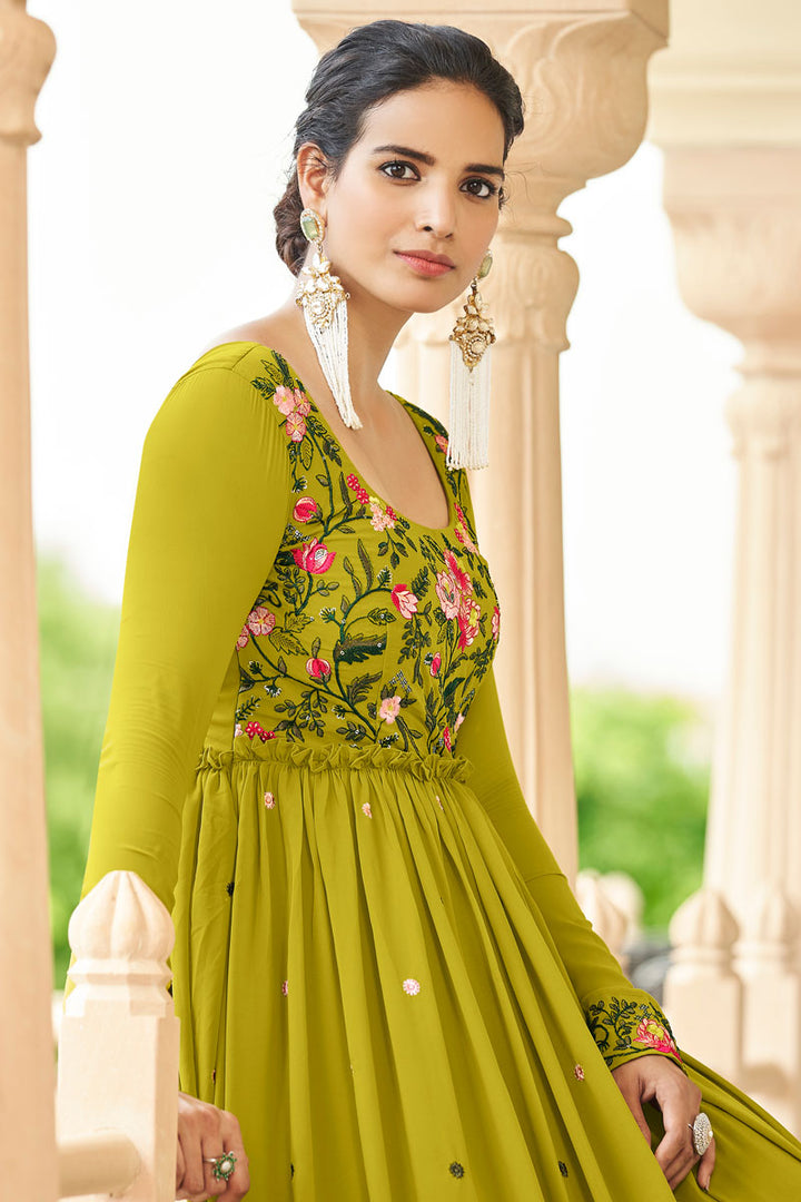 Olive Color Georgette Fabric Elegant Embroidered Readymade Gown