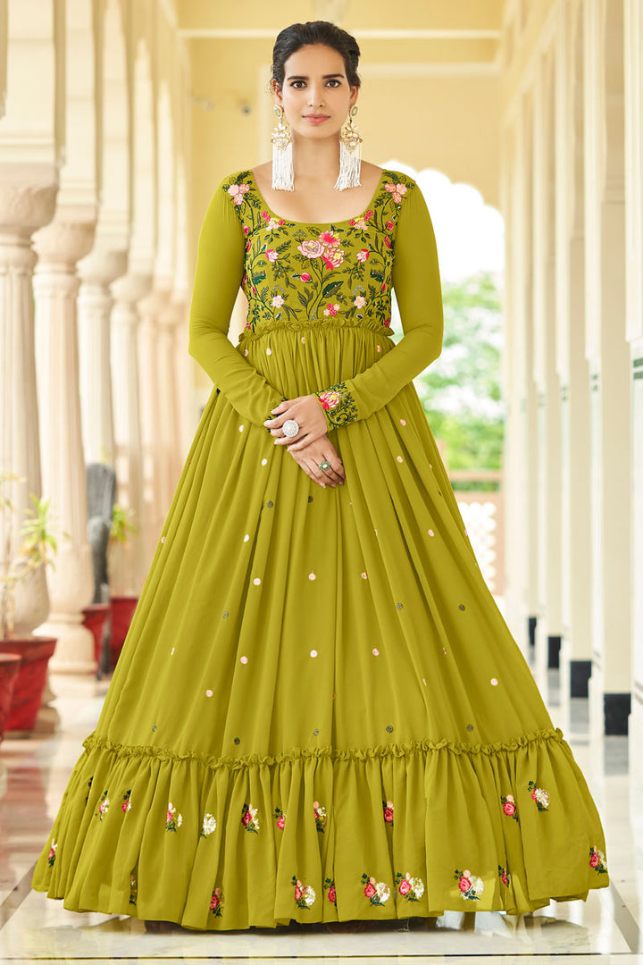 Olive Color Georgette Fabric Elegant Embroidered Readymade Gown