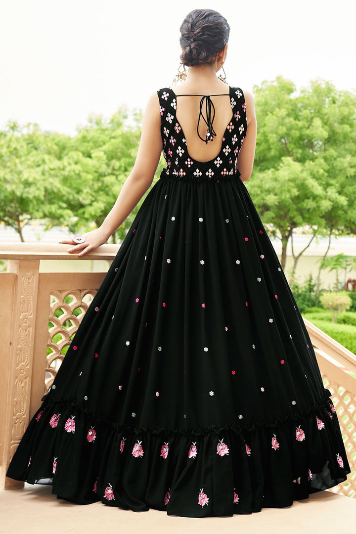 Trendy Black Color Embroidered Readymade Gown In Georgette Fabric