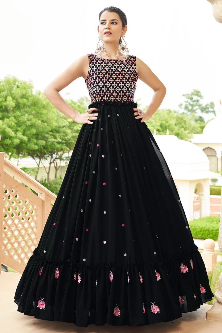Trendy Black Color Embroidered Readymade Gown In Georgette Fabric