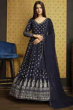 Load image into Gallery viewer, Radiant Navy Blue Color Function Wear Foil Work Georgette Gown With Dupatta
