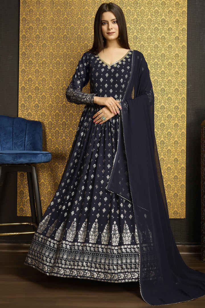 Radiant Navy Blue Color Function Wear Foil Work Georgette Gown With Dupatta