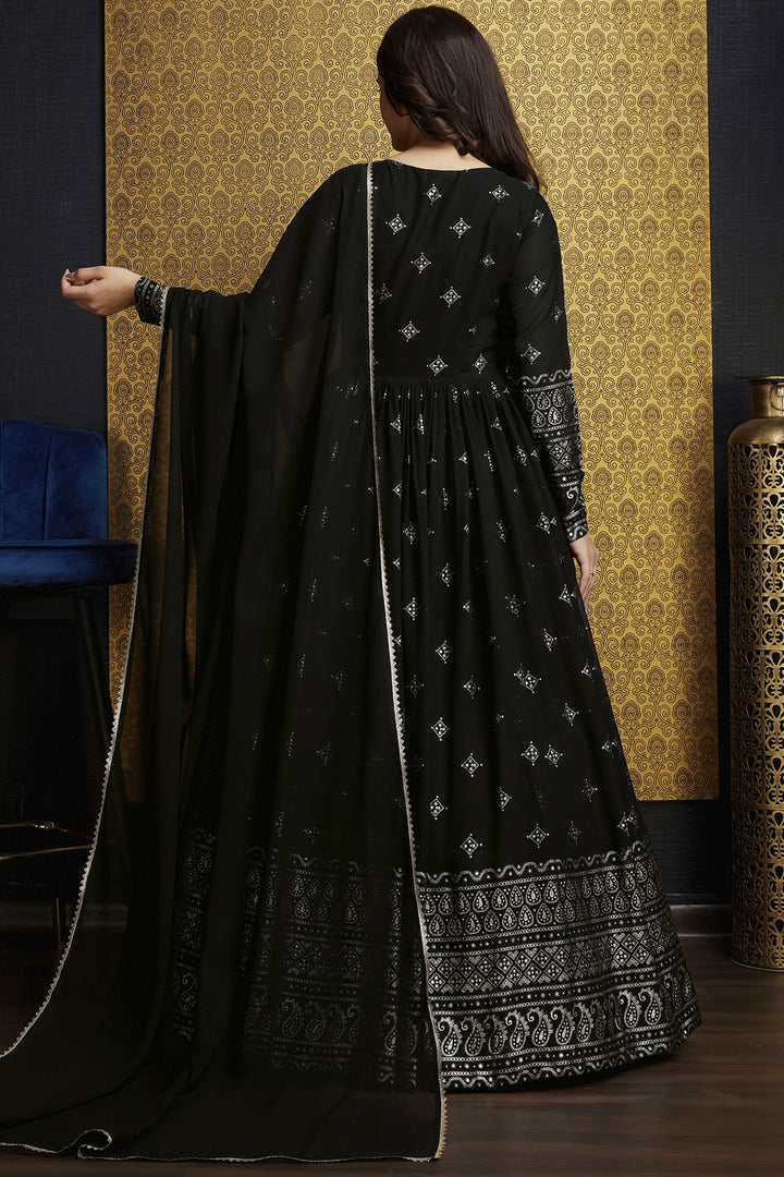 Graceful Function Wear Foil Work Black Color Georgette Gown With Dupatta