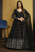 Load image into Gallery viewer, Graceful Function Wear Foil Work Black Color Georgette Gown With Dupatta

