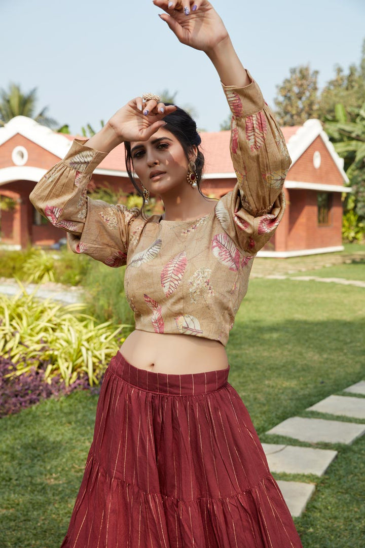 Weaving Work Designs Cotton Fabric Maroon Color Wedding Wear Lehenga