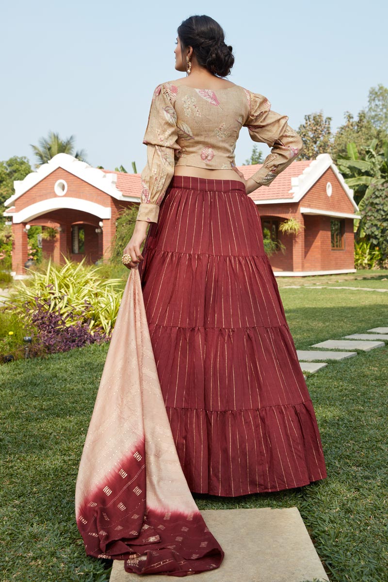 Weaving Work Designs Cotton Fabric Maroon Color Wedding Wear Lehenga