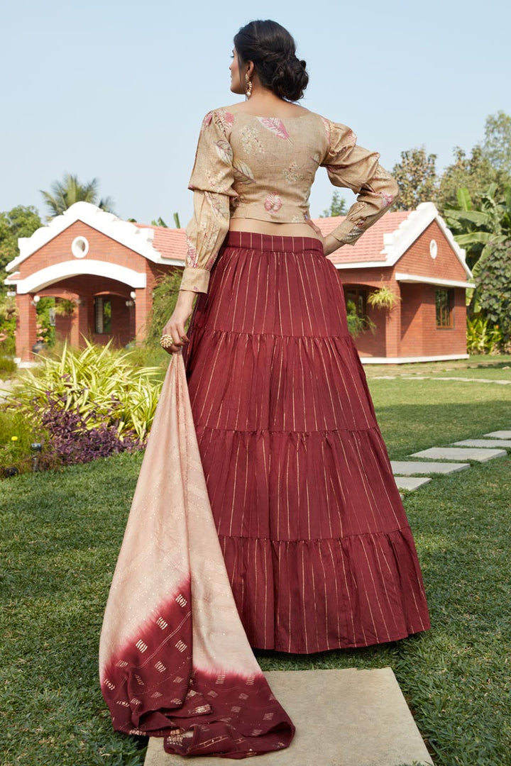 Weaving Work Designs Cotton Fabric Maroon Color Wedding Wear Lehenga