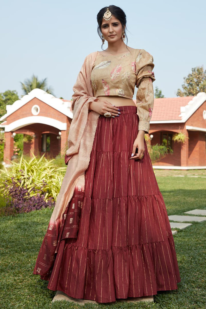 Weaving Work Designs Cotton Fabric Maroon Color Wedding Wear Lehenga