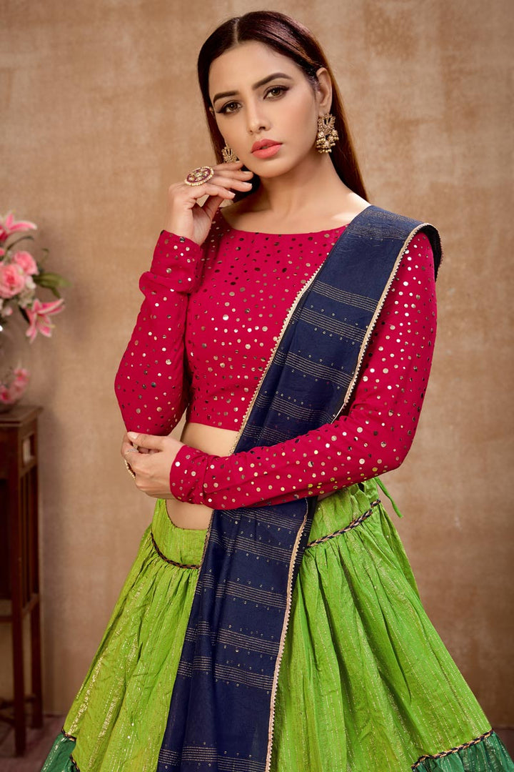 Cotton Fabric Sequins Work Wedding Wear Designer Lehenga Choli In Green Color