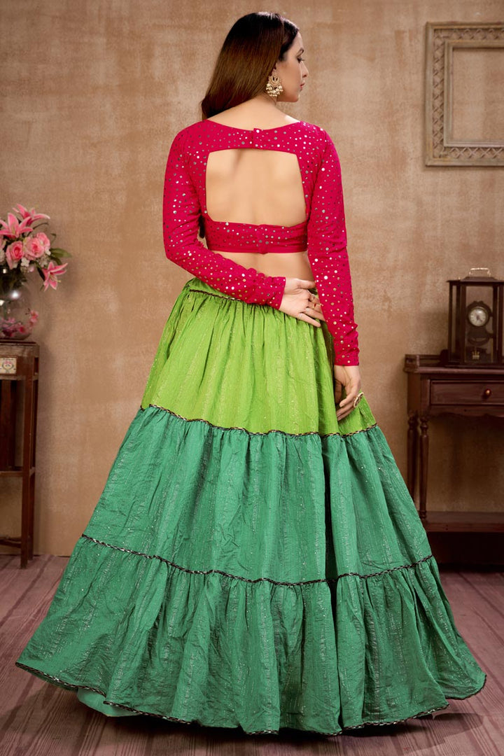 Cotton Fabric Sequins Work Wedding Wear Designer Lehenga Choli In Green Color