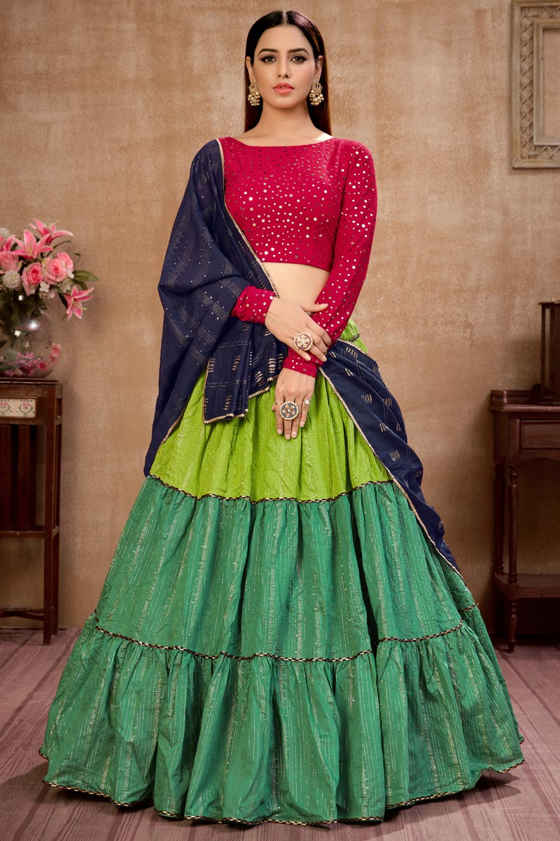 Cotton Fabric Sequins Work Wedding Wear Designer Lehenga Choli In Green Color