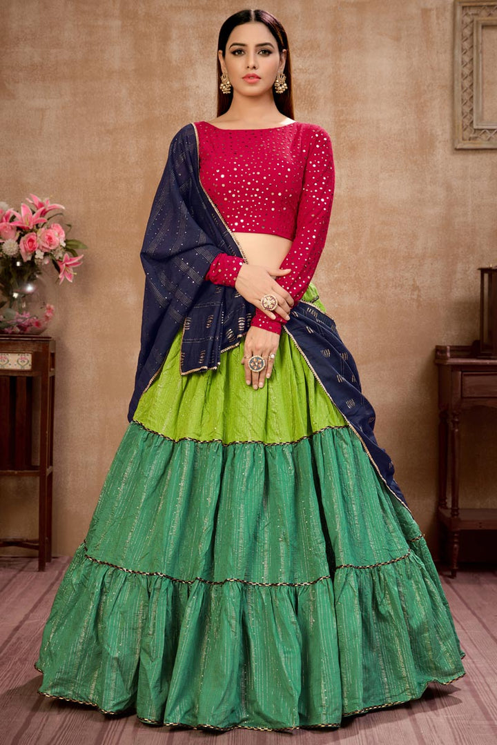 Cotton Fabric Sequins Work Wedding Wear Designer Lehenga Choli In Green Color