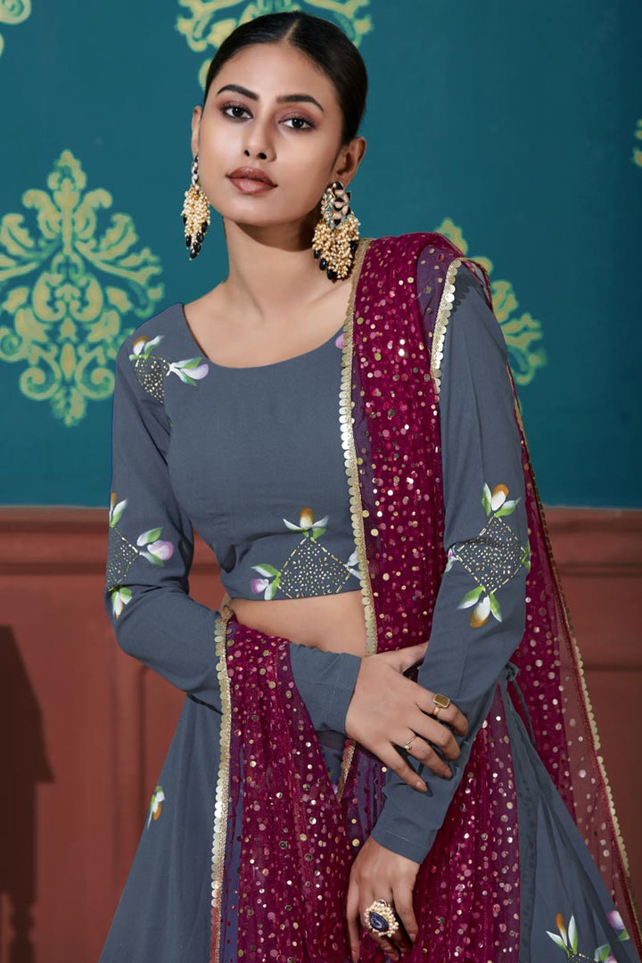 Sangeet Wear Grey Color Elegant Georgette Fabric Foil Printed Lehenga Choli