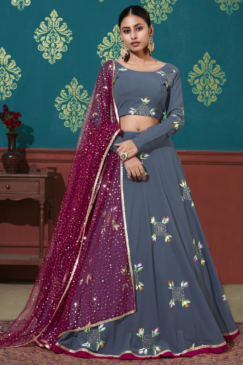 Sangeet Wear Grey Color Elegant Georgette Fabric Foil Printed Lehenga Choli