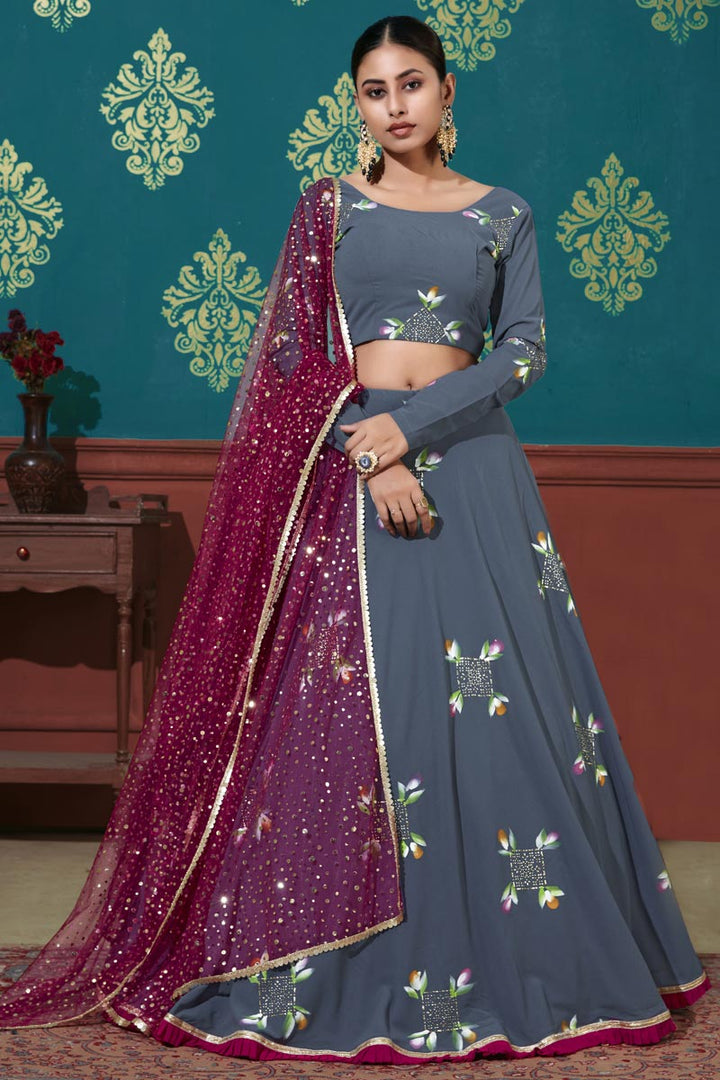 Sangeet Wear Grey Color Elegant Georgette Fabric Foil Printed Lehenga Choli