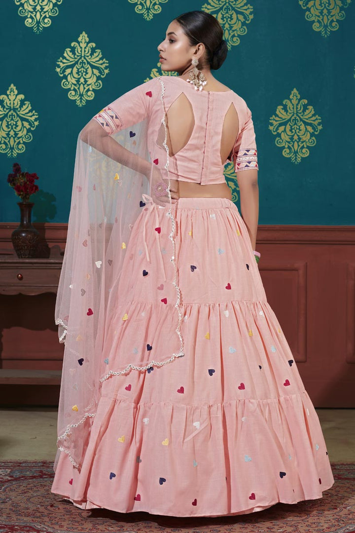 Cotton Fabric Embroidered Reception Wear Designer Lehenga Choli In Pink Color