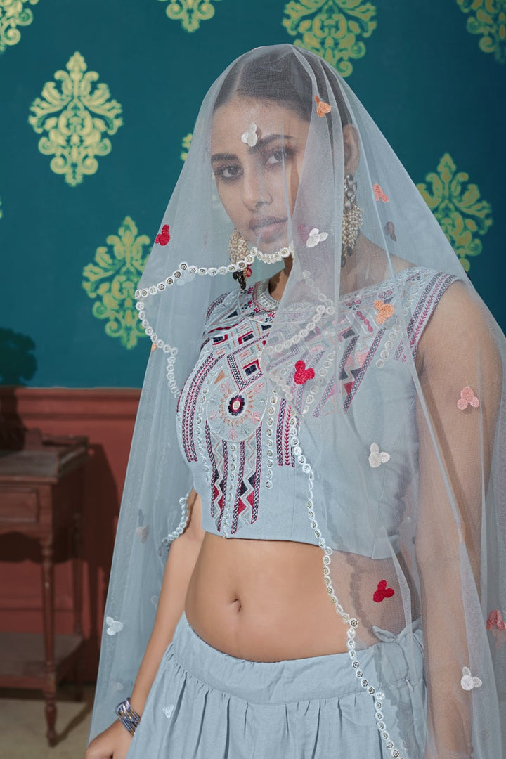 Fancy Embroidered Function Wear Lehenga Choli In Light Cyan Color Cotton Fabric