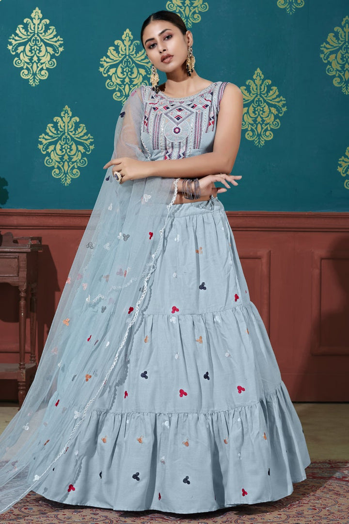 Fancy Embroidered Function Wear Lehenga Choli In Light Cyan Color Cotton Fabric