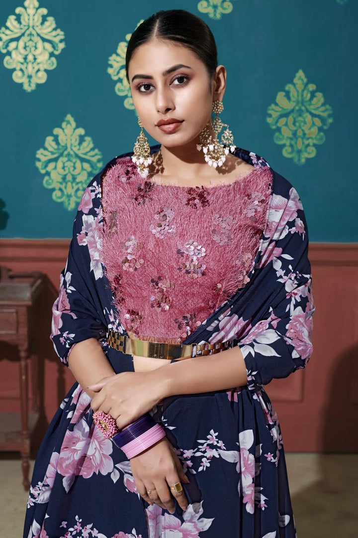 Navy Blue Color Art Silk Fabric Designer Printed Festive Wear Lehenga Choli