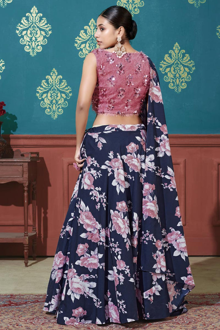 Navy Blue Color Art Silk Fabric Designer Printed Festive Wear Lehenga Choli