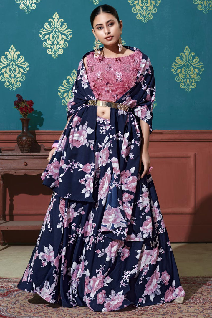 Navy Blue Color Art Silk Fabric Designer Printed Festive Wear Lehenga Choli